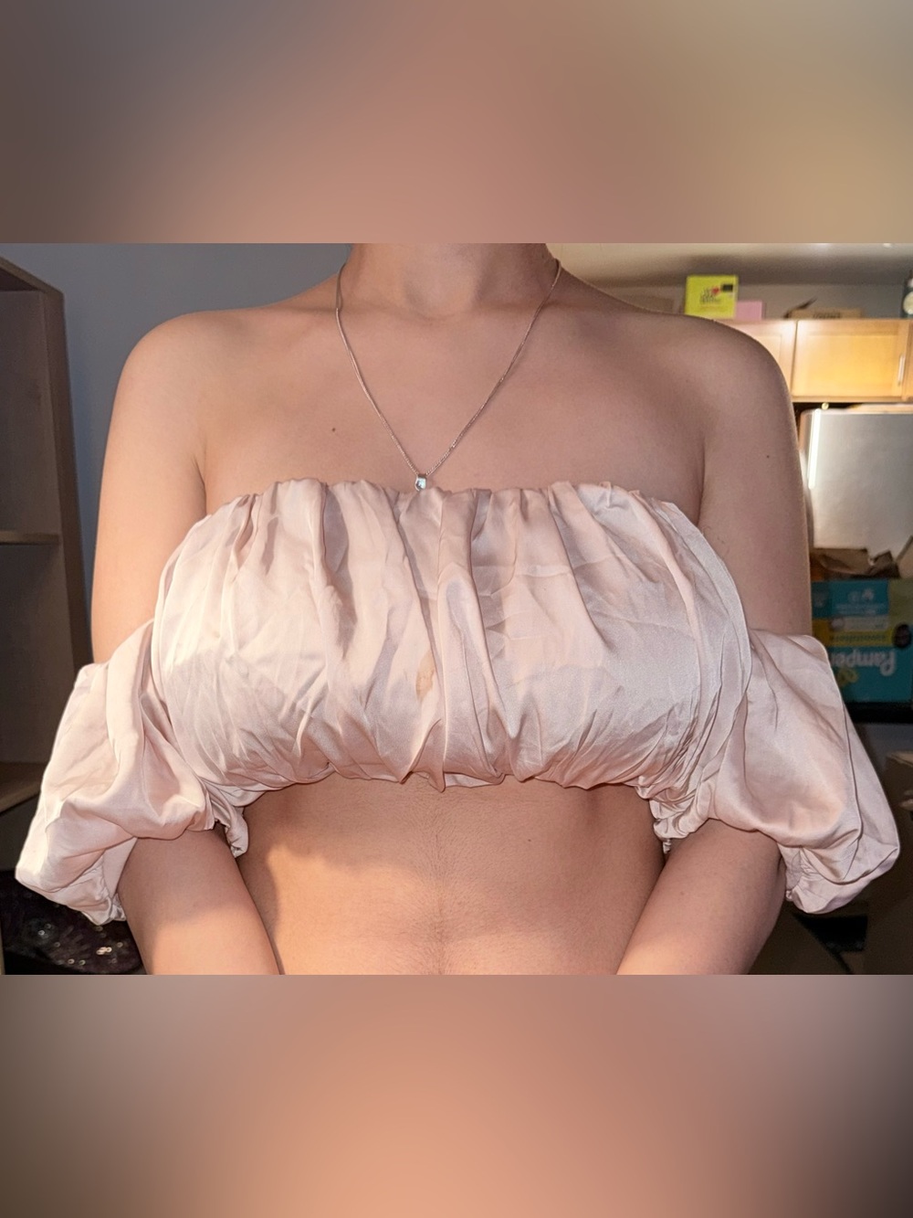 Forever 21 Satin Blush Off-Shoulder Puff Sleeve Crop Top